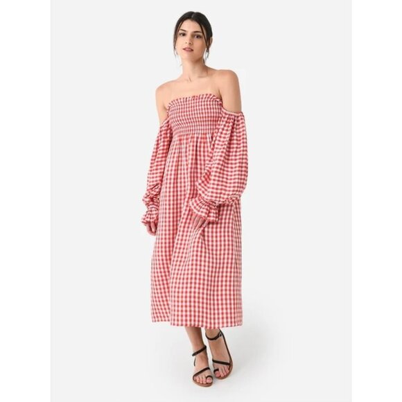 Sleeper Atlanta Linen Blend Smocked Midi Dress With Billowy Sleeves Size S - Picture 1 of 9
